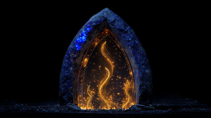 Poster - Glowing portal with golden light inside a blue rock frame on a dark background with small rocks