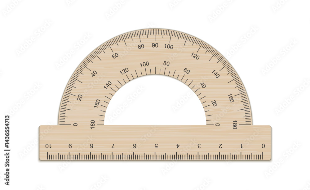 Vector mockup wooden protractor ruler. Measuring tool with ruler scale ...