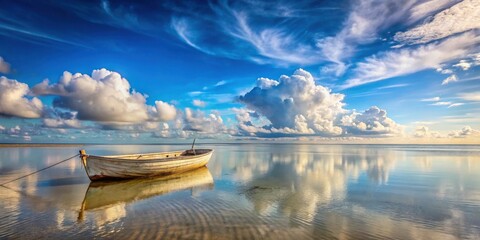Poster - Serene Coastal Scene A Single Rowboat at Rest on Calm Waters Under a Majestic Sky Filled with Fluffy White Clouds