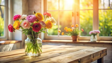 Aufkleber - A vibrant bouquet of colorful ranunculus flowers in a clear glass vase, adorning a rustic wooden table bathed in sunlight near a window.