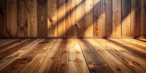 Fototapete - Warm Sunlight Illuminates a Rustic Wooden Room with a Smooth Planked Floor and Vertical Walls