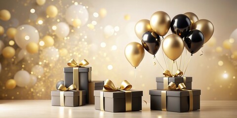 Poster - elegant dark gray gift boxes adorned with golden ribbons, accompanied by a cluster of gold and black