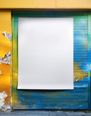 Aufkleber - Blank white paper sheet hangs on an exterior building door. Urban corrugated steel surface. Painted colorful design. Empty space for messages or announcements. Textured background with aging elements.