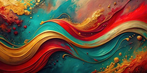Aufkleber - Abstract Swirling Waves of Rich Red, Teal, and Golden Hues, a Luxurious Textured Design Featuring Metallic Accents and Organic Shapes