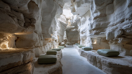 Poster - Interior view of a limestone cave passage with cushion seating and natural light from above