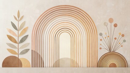 Leinwandbilder - Earthy Tones Abstract Rainbow Arch with Minimalist Botanical Elements Wall Art Decor