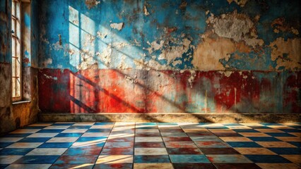 Poster - Sunlit Room with Aged Walls and Checkered Floor Featuring Textured Paint
