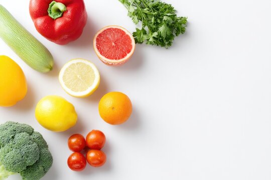 selection of vibrant fresh fruits and vegetables elegantly arranged on pure white background in minimalistic style