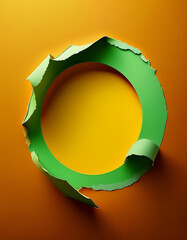 Aufkleber - Paper circle. Green round shape ripped into bright yellow paper surface. Torn edge creates depth. Colorful design element with negative space for text. Recycle idea background.