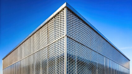 Leinwandbilder - Modern Architectural Facade with Geometric Metal Mesh Detailing Against a Vivid Blue Sky