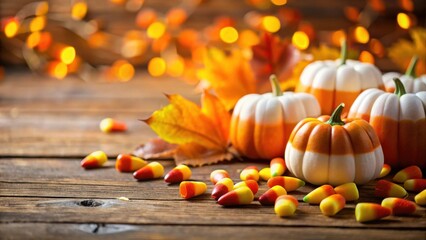 Poster - Autumnal Still Life Featuring Candy Corn and Decorated Gourds on Rustic Wood