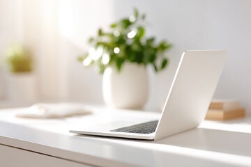 Poster - uncluttered home office desk with laptop and potted plant exemplifying modern remote working setups