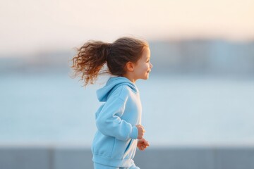 Poster - bright joyful child running in celebration of global running day captured mid-action against soft blurred background