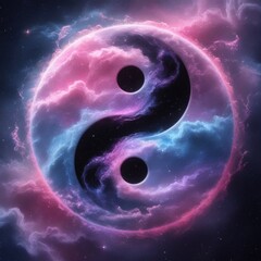 Wall Mural - The yin yang symbol features a circular shape with nebula clouds, pink, blue, and purple hues, blending harmoniously with delicate gas and dust. Its dark background evokes celestial harmony, blending 