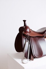 Poster - capture meticulously structured image of vintage leather saddle and polished spurs against uncluttered white backdrop