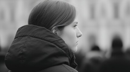 Poster - capture striking contrast with foreground subject against blurred background of people to emphasize 