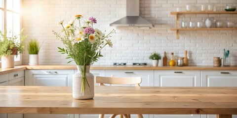 Aufkleber - Bright kitchen scene with a vase of wildflowers on a wooden table