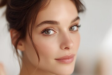 Poster - close-up of woman applying everyday makeup with precision and care soft blurred figures in backgroun