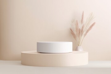 Poster - minimalistic empty podium on plain background perfect for showcasing cosmetics with ample copy space