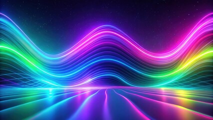 Fototapete - Abstract Cosmic Wavescape Vibrant Neon Lines Flowing Across a Reflective Surface Under a Starry Sky
