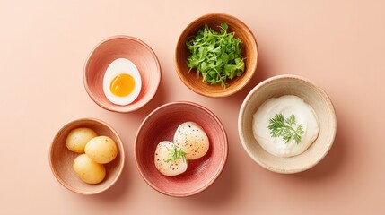 Poster - minimalistic photograph of various side dishes arranged in elegant fashion emphasizing simplicity and focus