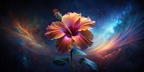 Aufkleber - A Vibrant Hibiscus Flower Blossoms Against a Cosmic Nebula Backdrop, a Surreal Floral Display of Nature's Beauty and the Wonders of the Universe