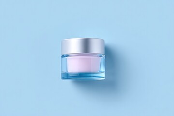 Poster - minimalistic top-down image of anti-aging skincare product on clean solid color background with 70 ample copy space