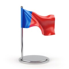 Poster - A miniature flag with a blue and red design stands on a metallic base.