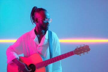 Poster - reggae musician with dreadlocks playing acoustic guitar on vibrant neon background creating minimalistic scene with
