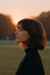 Poster - serene portrait of person in nature with blurred park in background