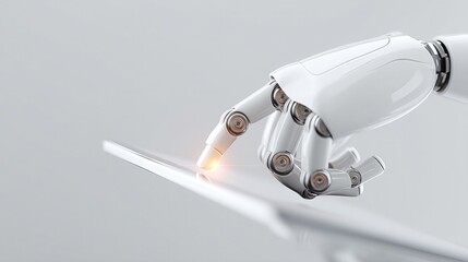 Poster - show abstract robotic hand interacting with sleek tablet conveying innovation in business technology