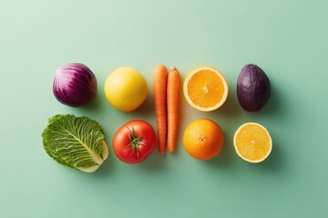 Poster - studio shot of array of non-gmo fruits and vegetables displayed neatly against vibrant color background