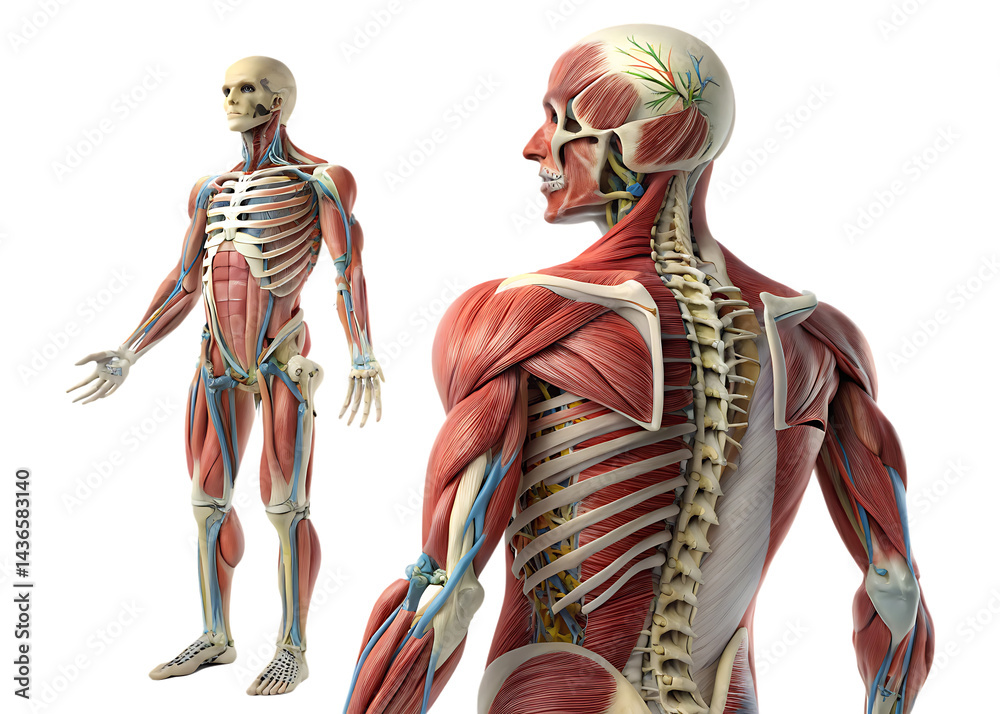 Anatomical illustration showing the human muscular and skeletal systems ...