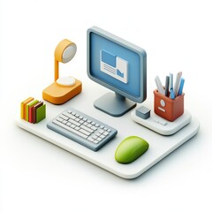 Poster - Colorful isometric representation of a home office workspace.