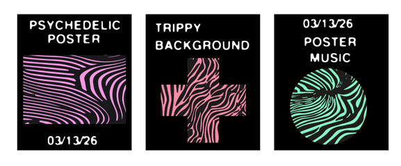 Fototapete - Modern vector posters with psychedelic, trippy patterns inside geometric rectangle, cross, and circle shapes, using bold colors for a striking, artistic effect.