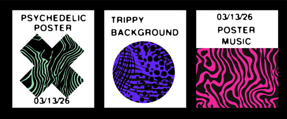 Fototapete - Modern vector posters with psychedelic, trippy patterns inside geometric rectangle, cross, and circle shapes, using bold colors for a striking, artistic effect.