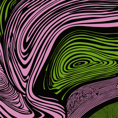 Poster - Abstract vector illustration with flowing green and pink wavy lines on a black background, creating a vibrant, energetic, and dynamic sense of movement and optical illusion.
