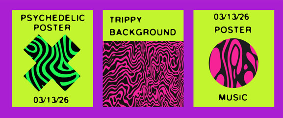 Fototapete - Modern vector posters with psychedelic, trippy patterns inside geometric rectangle, cross, and circle shapes, using bold colors for a striking, artistic effect.