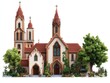 © logitech - Pixelated church facade, lush garden, tranquil scene
