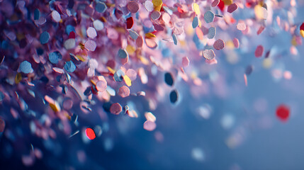 Poster - Abstract image of colorful confetti falling against a blue background, showcasing a festive and celebratory mood, ideal for party or holiday designs