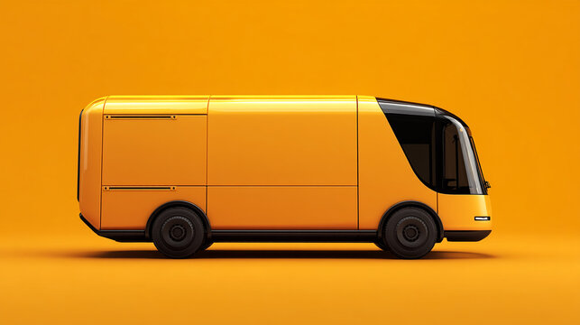 Side view of orange electric van on orange background Mockup showcases vehicle design, ideal for advertising or transportation concepts