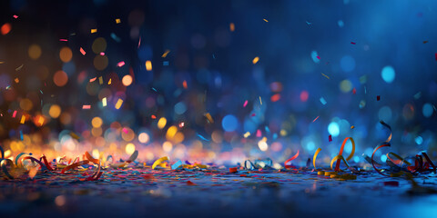 Aufkleber - Colorful confetti and ribbons falling on dark blue background, illuminated by warm bokeh lights, creating celebratory atmosphere, perfect for festive design
