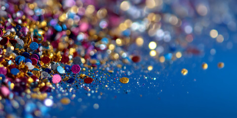 Poster - Colorful glitter scattered on blue background, creating a festive and sparkly texture, ideal for celebratory designs or background