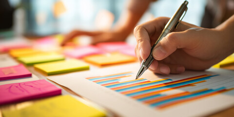 Poster - Close-up of hand writing on bar chart with colorful sticky notes, showcasing business planning, analysis, or project management concept