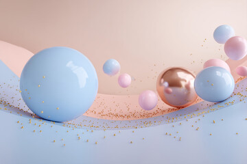 Poster - Abstract pastel-colored spheres and gold confetti on a wavy surface, creating a light and airy scene, showcasing a modern and elegant design, ideal for branding or product display