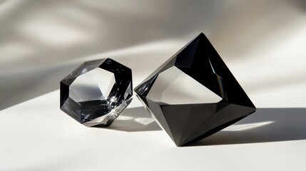Dark glass sculptures on white, sunlight shadows