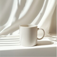 Poster - White ceramic mug on a white surface with delicate lighting. Minimalist aesthetic and modern design. Suitable for everyday use.