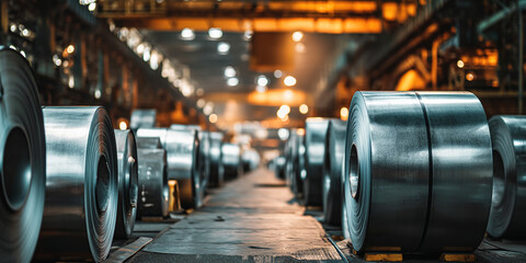 Aufkleber - Rows of metallic steel coils in industrial warehouse, showcasing industrial production and manufacturing concept