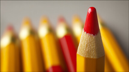 Poster - Close-up of a sharpened red pencil, standing out among blurred yellow pencils, suggesting leadership, uniqueness, or standing out from the crowd
