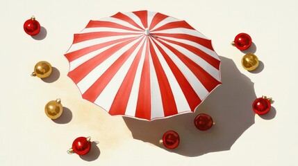 Wall Mural - brightly colored striped umbrella surrounded by shiny ornaments